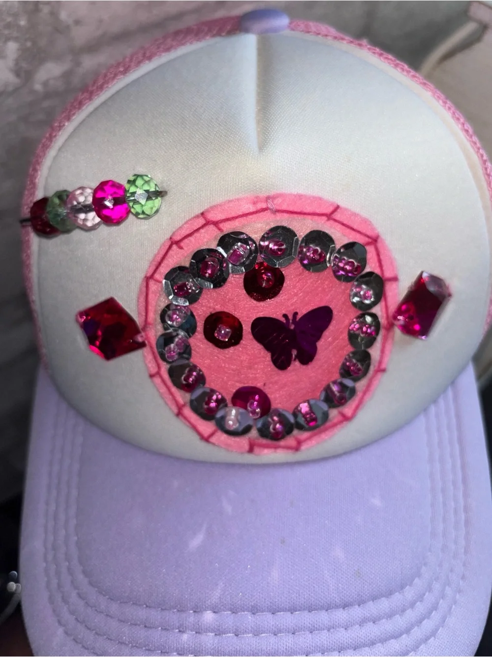 Handmade Design Women’s Pink & Lavender Sequin Butterfly Trucker Hat